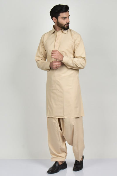 Beige Plain Shalwar Kameez for Men - Asian Party Wear