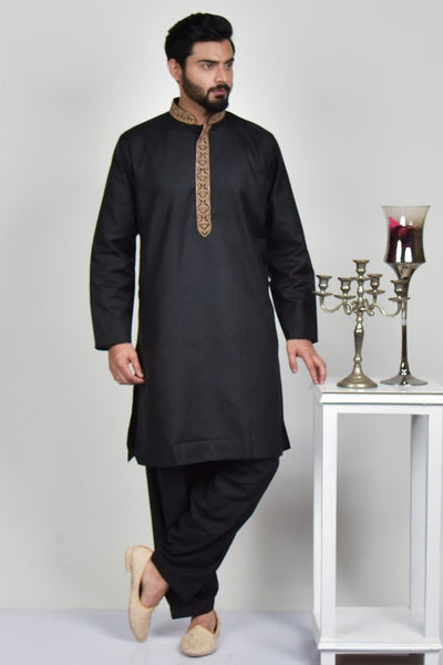 Black Embroidered Kurta Shalwar For Men - Asian Party Wear