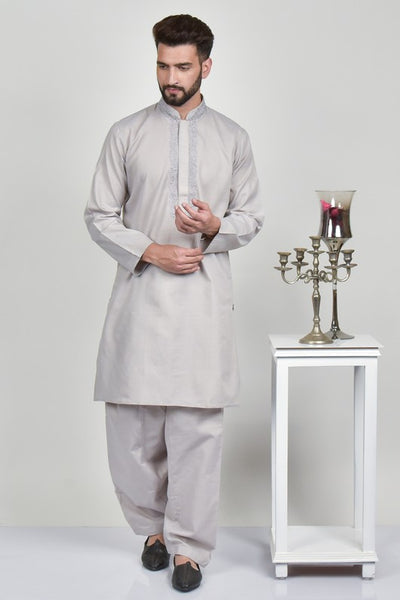 Fawn Embroidered Eid Kurta Shalwar - Asian Party Wear