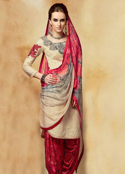 Cream & Red Punjabi Patiyala Salwar Suit