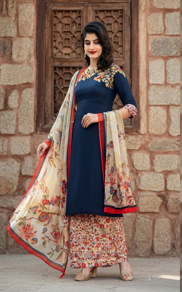 Blue Floral SIndhi Punjabi Style Salwar Suit