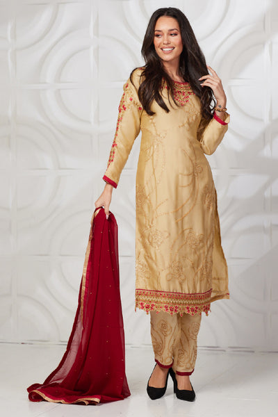 Beige Red Embroidered Salwar Kameez Suit