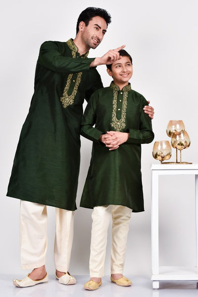 Dark Green Ethnic Embroidered Mens Kurta Pajama - Asian Party Wear