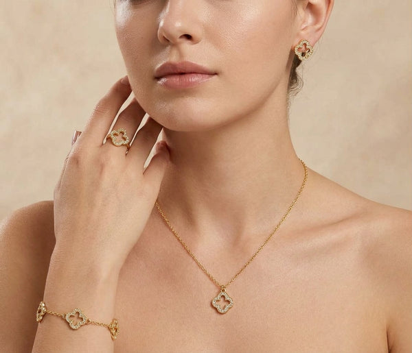 Golden Clover Necklace, Bracelet, Ring & Stud Earrings Jewellery Set