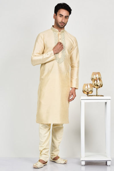 Light Gold Stitched Embroidered Indian Mens Kurta Pajama - Asian Party Wear