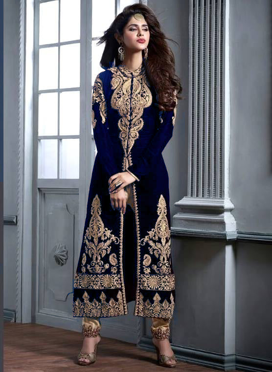 Navy Blue Indian Party Wear Velvet Dress | Elegant Gown Navy Blue Indian Party Wear Velvet Dress | Elegant Gown