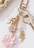 Rose-Themed Bag Charm with Metal Hanging Strap, Pink Stone Pendant, Flower Charm & Keychain Chain