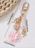Rose-Themed Bag Charm with Metal Hanging Strap, Pink Stone Pendant, Flower Charm & Keychain Chain