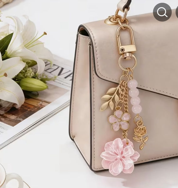 Rose-Themed Bag Charm with Metal Hanging Strap, Pink Stone Pendant, Flower Charm & Keychain Chain
