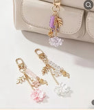 Rose-Themed Bag Charm with Metal Hanging Strap, Pink Stone Pendant, Flower Charm & Keychain Chain