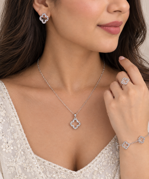 Silver Diamond Style Necklace Ring  Earrings & Bracelet Set