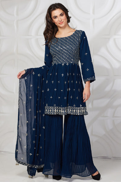 BLUE PEPLUM PARTY DRESS GHARARA SUIT