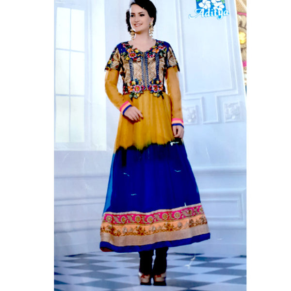 Orange Blue Embroidered Anarkali Style Churidar Suit