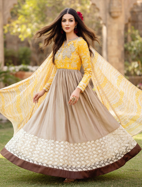 Beige & Yellow Embroidered Anarkali Dress