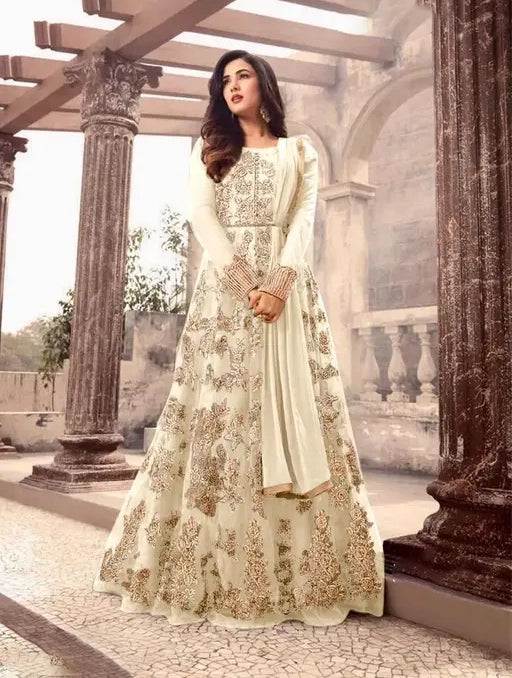 White Gold Indian Wedding Anarkali Gown | Bridal Party Wear White Gold Indian Wedding Anarkali Gown | Bridal Party Wear