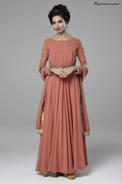 DARK PEACH INDIAN EVENING WEAR FLARED GOWN - Asian Party Wear