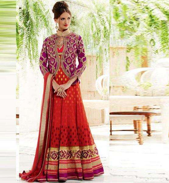 ZKJ-1002 RED KIMORA DESIGNER WEDDING ANARKALI SUIT - Asian Party Wear