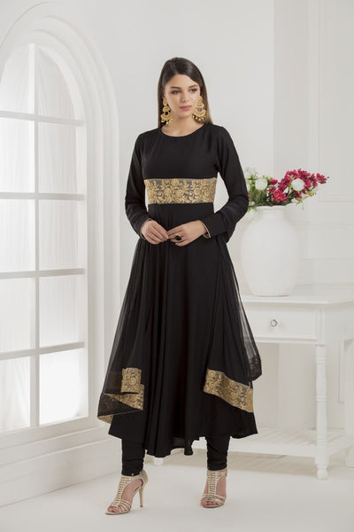 BLACK EID WEDDING PARTY DESIGNER FLARED SUIT - Asian Party Wear