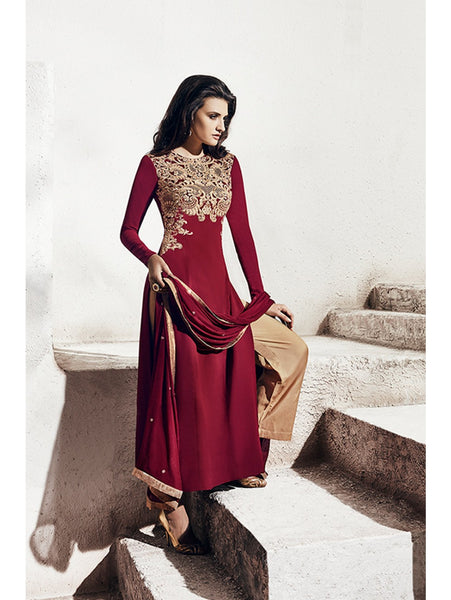 Maroon & Beige Embroidered Designer Salwar Kameez Suit - Asian Party Wear