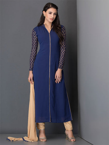 AC-24 CLASSIC BLUE LONG LINE TOP WITH ZIG ZAG LACE SLEEVE READY MADE DRESS - Asian Party Wear