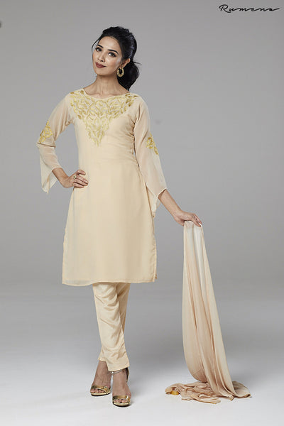 BEIGE EMBELLISHED READY MADE PENCIL TROUSER SUIT - Asian Party Wear