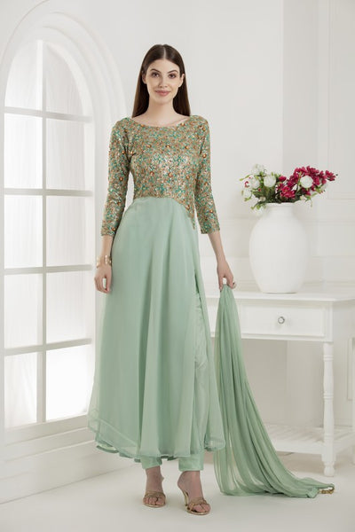 AQUA MARINE LONG FLARED READYMADE DRESS - Asian Party Wear