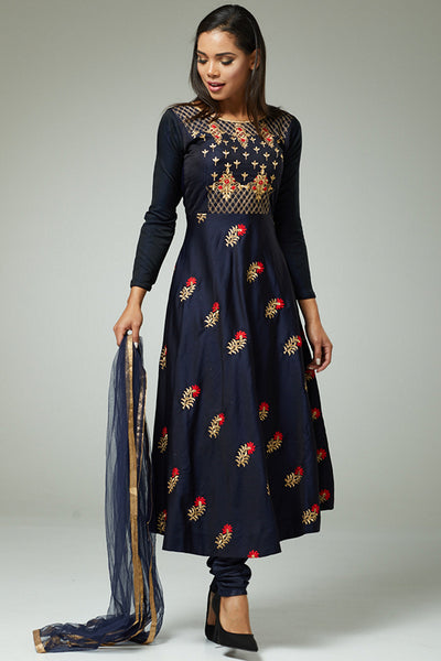 NAVY BLUE REGAL EMBROIDERED CHURIDAR SUIT - Asian Party Wear