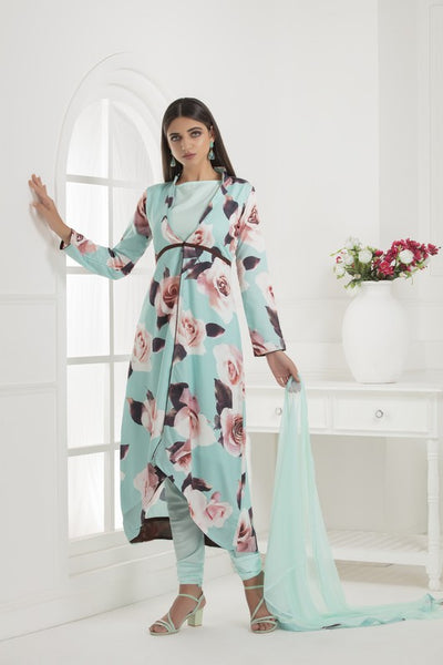 SEA BLUE JACKET STYLE FLORAL PRINTED SUIT - Asian Party Wear