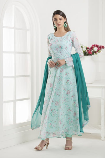 AQUA MARINE FLORAL PRINTED LONG ANARKALI READY MADE SUIT - Asian Party Wear