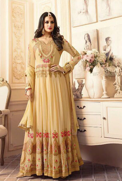 SA-102 YELLOW SAJJAN ALAAMIN PUNJABI STYLE ANARKALI OUTFIT - Asian Party Wear