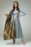 SILVER INDIAN ETHNIC PARTY WEAR SALWAR KAMEEZ WITH BANARSI DUPATTA - Asian Party Wear