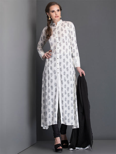 OFF WHITE BLOCK PRINT SLIT STYLE KURT AND CHURIDAAR READY MADE SUIT - Asian Party Wear