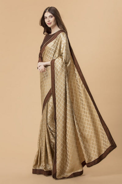 ZACS-726 BEIGE AND BROWN BANARSI SILK INDIAN WEDDING SAREE - Asian Party Wear