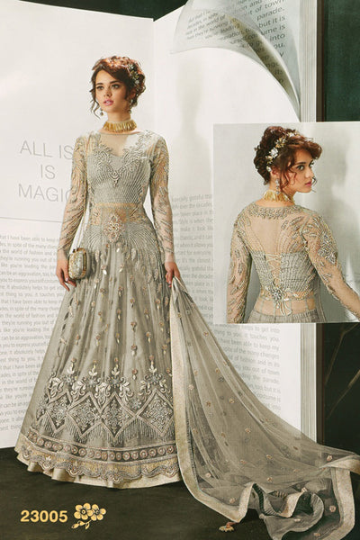 SILVER GREY INDIAN DESIGNER WEDDING AND BRIDAL GOWN - Asian Party Wear