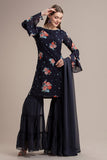 NAVY BLUE FLORAL PRINTED GHARARA SUIT - Asian Party Wear