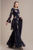 NAVY BLUE FLORAL PRINTED GHARARA SUIT - Asian Party Wear