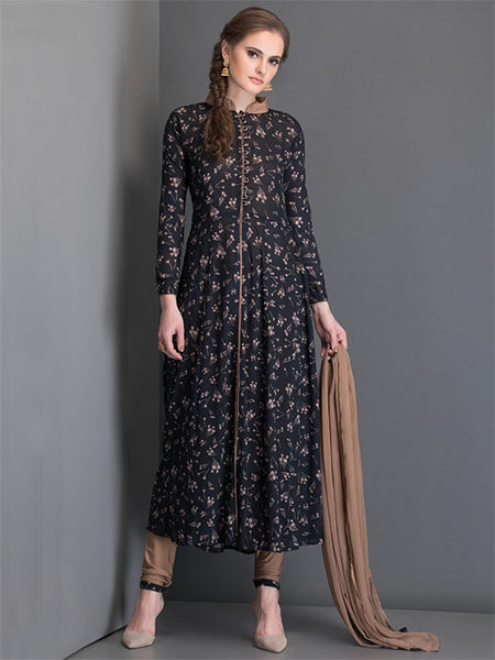 BLACK PRINTED SHIRT AND PLAN CHURIDAAR READY MADE SUIT - Asian Party Wear