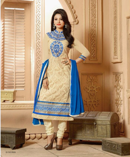 Beige & Blue Georgette Straight Cut Salwar Suit - Asian Party Wear