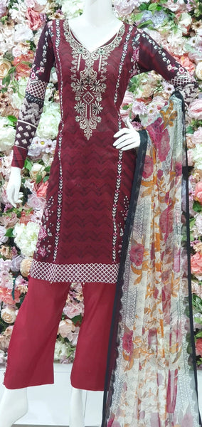 MAROON PAKISTANI DESIGNER READYMADE LAWN SALWAR SUIT - Asian Party Wear