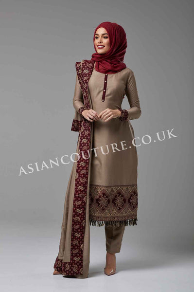 ZAC-809 BROWN WINTER WEAR CREPE SILK READY MADE OUTFIT - Asian Party Wear