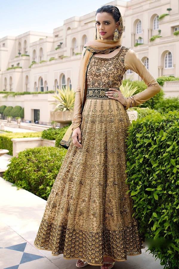 Exquisite Golden Colored Embroidered Anarkali Dress