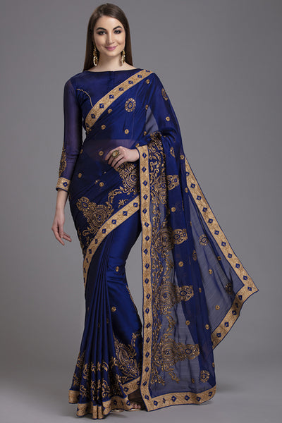 ZACS-872 LUXURY ROYAL BLUE INDIAN PAKISTANI WEDDING SAREE - Asian Party Wear