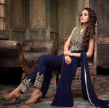 Navy Blue Party Wear Semi Stitched Velvet Suit - Asian Party Wear