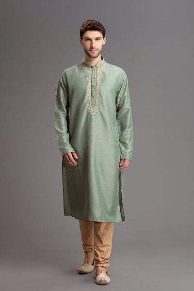 Green and Beige Punjabi Menswear Kurta Pajama Suit - Asian Party Wear