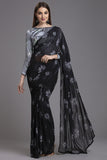 ZACS-561 BLACK AND GREY INDIAN FLORAL PRINTED EVENING WEAR SAREE - Asian Party Wear