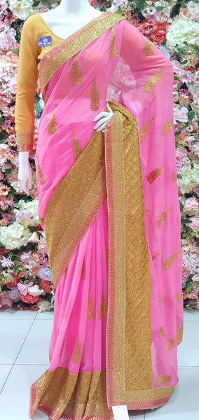 PINK AND GODL CHIFFON GEORGETTE PARTY WEAR SAREE - Asian Party Wear