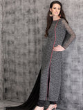 Grey & Black Printed Side Slit Readymade Dress - Asian Party Wear