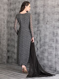 Grey & Black Printed Side Slit Readymade Dress - Asian Party Wear