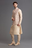 Cream & Gold Menswear Kurta Pajama Waistcoat Set - Asian Party Wear