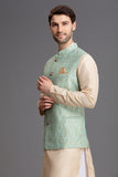 Mint Green Brocade Men's Waistcoat - Asian Party Wear